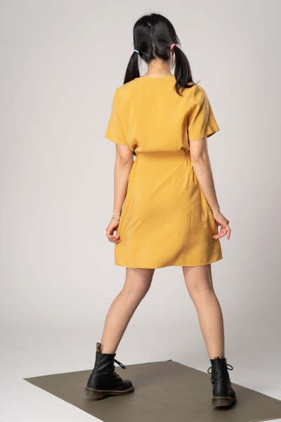 Kurzes Cupro Kleid "Cozy" Gelb mit durchgehender Knopfleiste Ansicht von hinten